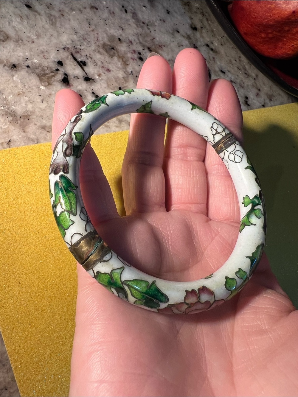 Gorgeous Vintage Cloisonne Floral Bangle with Green Accents